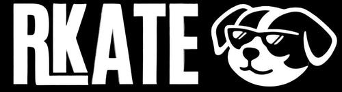 White RKATE logo with a stylized dog head wearing sunglasses on a solid black background.